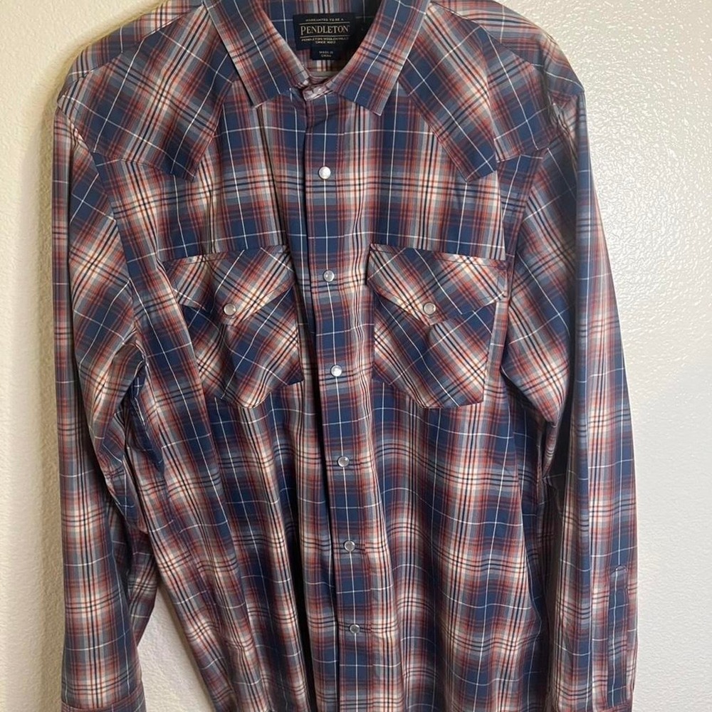 Pendleton Frontier Mens Blue Orange Plaid Western Snap Long Sleeve Shirt Large